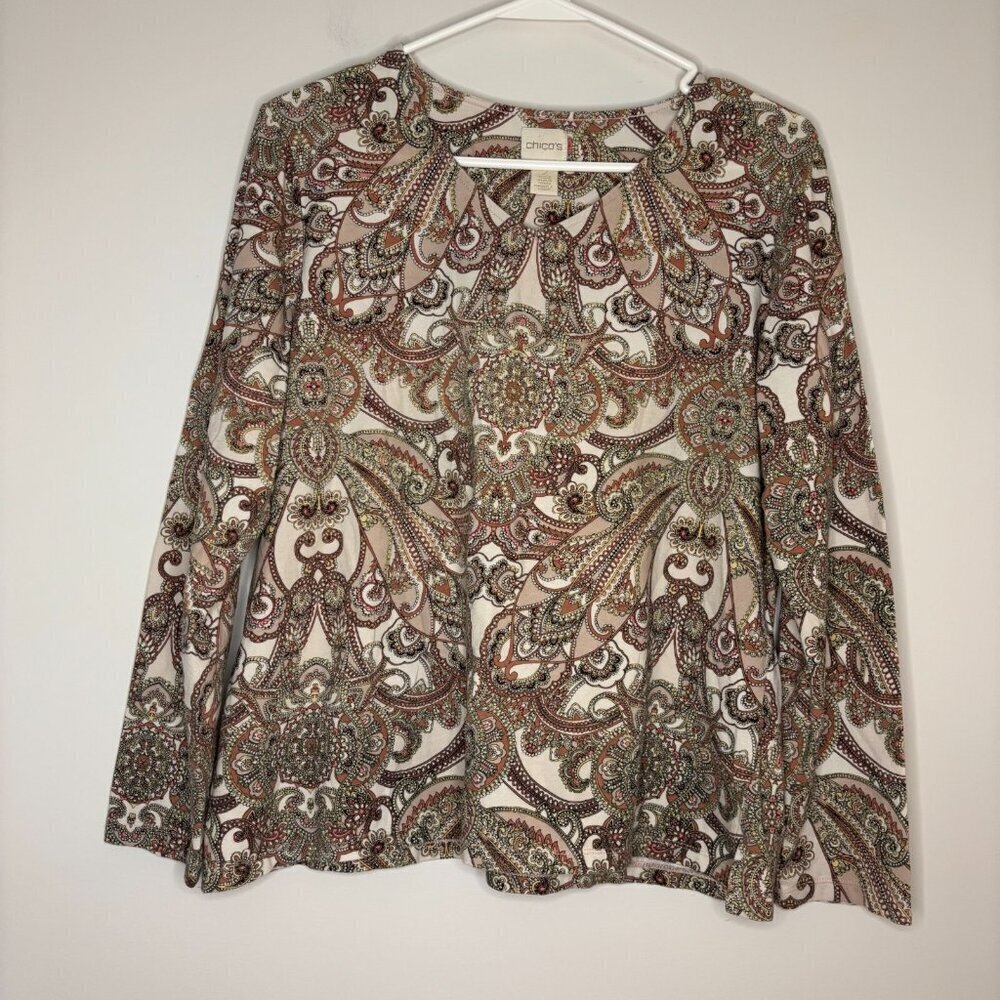 CHICOS Sz 2 VNeck Pink Paisley Stretch Long Sleeve Tee